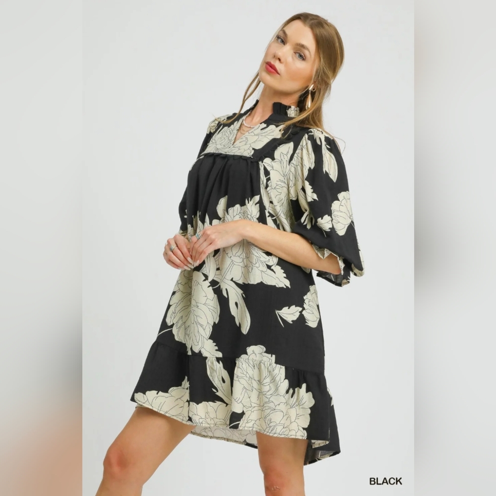 Assorted Sizes-Umgee Black Floral Tiered Babydoll Dress-NWT